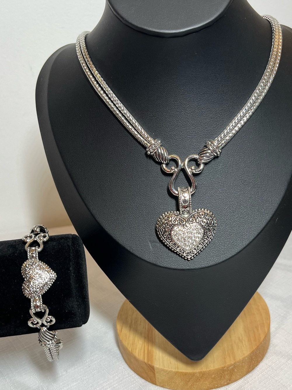 Lia Sophia Silver-Tone Pave Heart Pendant Necklace and Bracelet Set
Like New